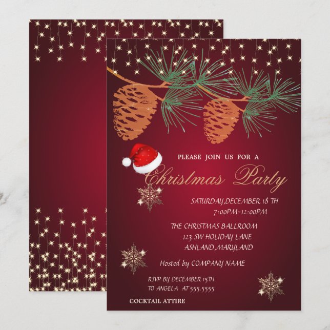 Invitation Cônes de pin, flocons de neige Noël Entreprise (Devant / Derrière)