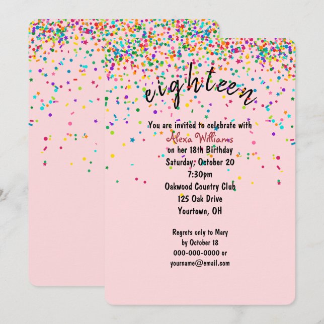 Invitation confetti 18e fête d'anniversaire (Devant / Derrière)