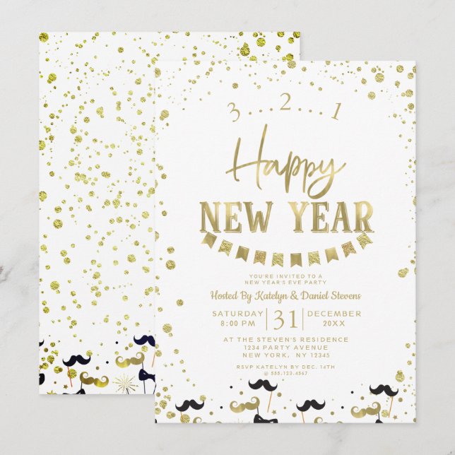 Invitation Confetti à huile blanche et or fête du réveillon d (Devant / Derrière)