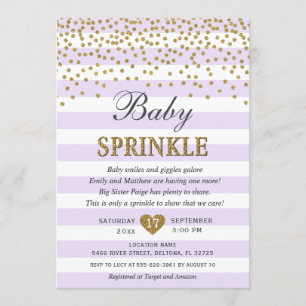 Invitation Confetti Bébé Fille Lavande Rayure Dorée Sprinkle