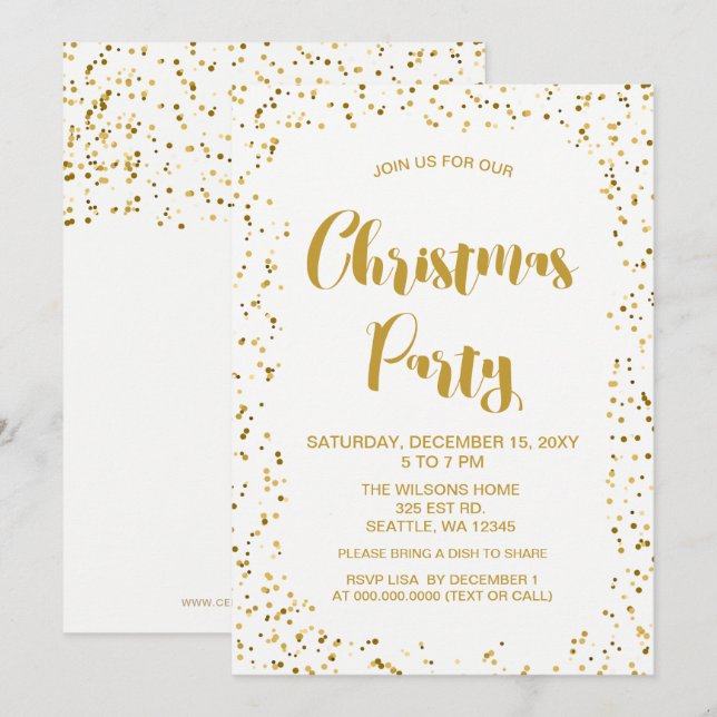 Invitation Confetti blanc et or Fête de Noël moderne (Devant / Derrière)