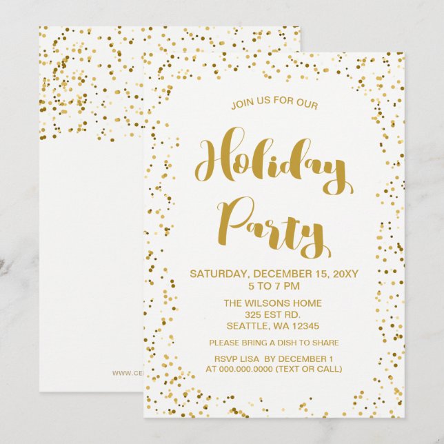 Invitation Confetti blanc et or Fête de vacances moderne (Devant / Derrière)
