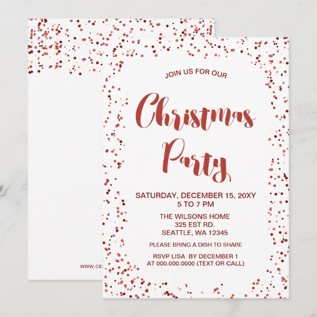 Invitation confetti blanc et rouge Fête de Noël moderne (Devant / Derrière)