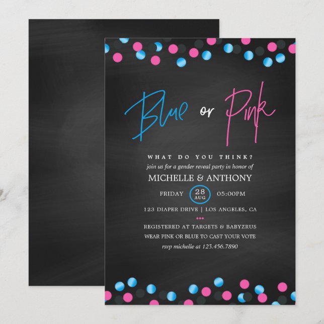 Invitation Confetti Chalkboard Blue or rose Genre Reveilla (Devant / Derrière)