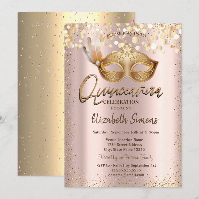 Invitation Confetti Chic Masque Rose Gold Quinceañera (Devant / Derrière)