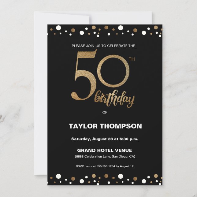 Invitation Confetti Classic 50ème Party Black Gold personnali (Devant)