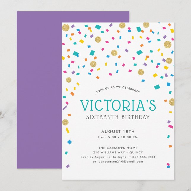 Invitation Confetti coloré fête d'anniversaire (Devant / Derrière)