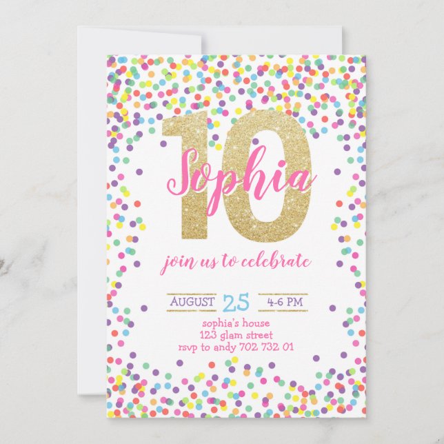Invitation Confetti coloré Numéro d'or Fille 10e anniversaire (Devant)