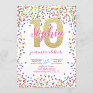 Invitation Confetti coloré Numéro d'or Fille 10e anniversaire