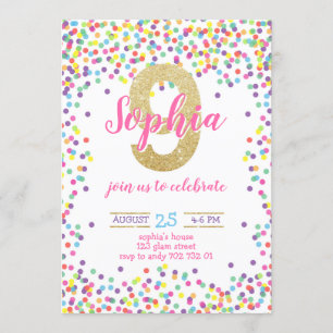 Invitation Confetti coloré Numéro d'or Fille 9e anniversaire