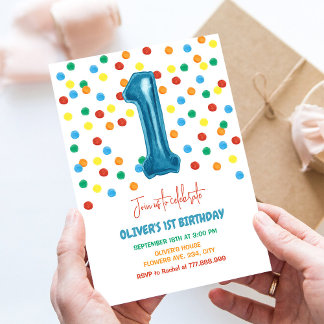 Invitation Confetti coloré Un ballon 1er anniversaire garçon