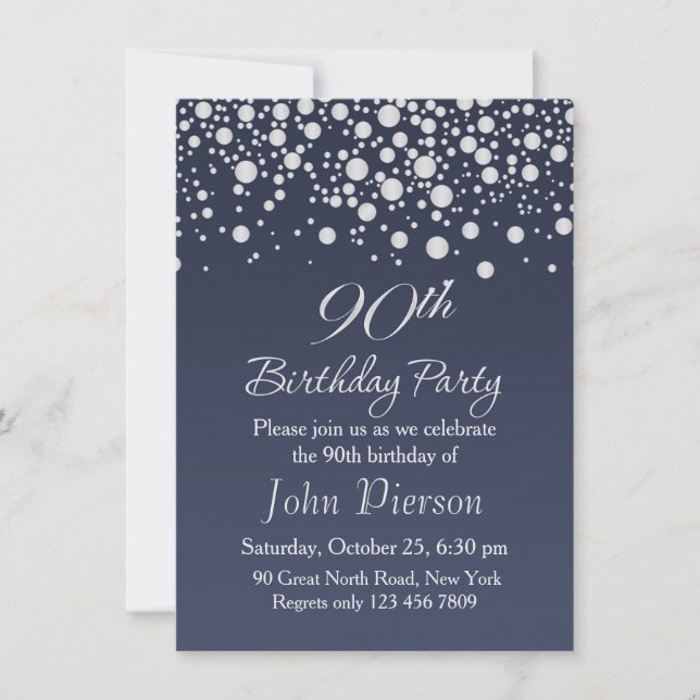 Invitation Confetti d'argent 90e anniversaire de fête Invitat (Devant)
