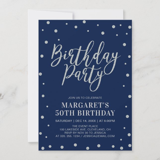 Invitation Confetti d'argent et marine | Fête d'anniversaire  (Devant)