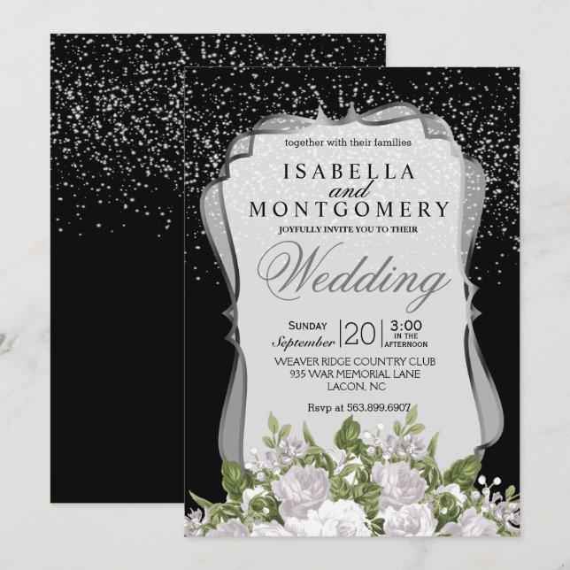Invitation Confetti d'argent, Mariage floral noir et blanc (Devant / Derrière)
