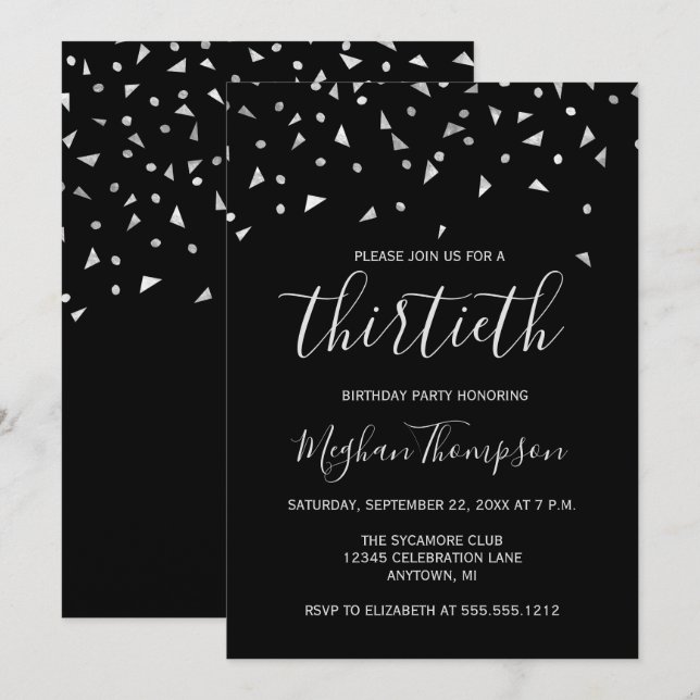 Invitation Confetti d'argent sur Black 30th Birthday Party (Devant / Derrière)