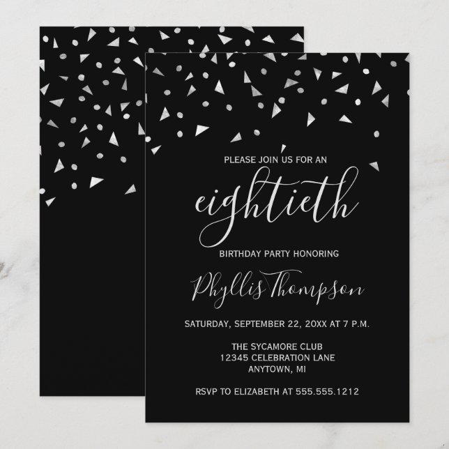 Invitation Confetti d'argent sur Black 80th Birthday Party (Devant / Derrière)