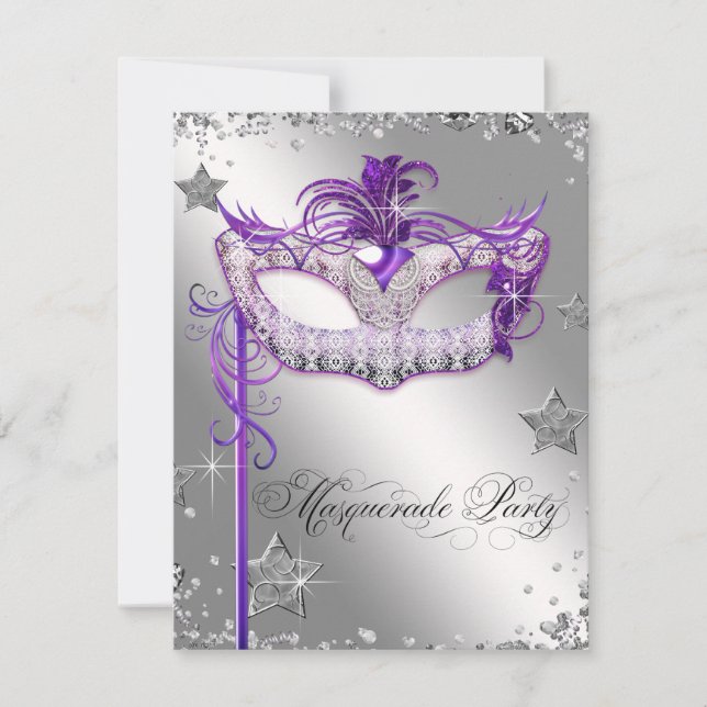 Invitation Confetti d'argent violet mascarade (Devant)
