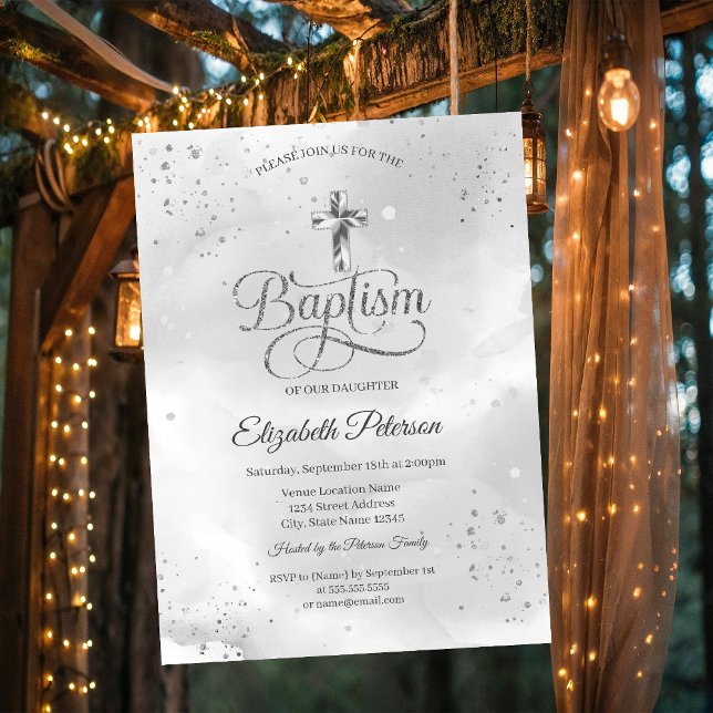 Invitation Confetti de croix d'argent simple et élégant (Créateur téléchargé)