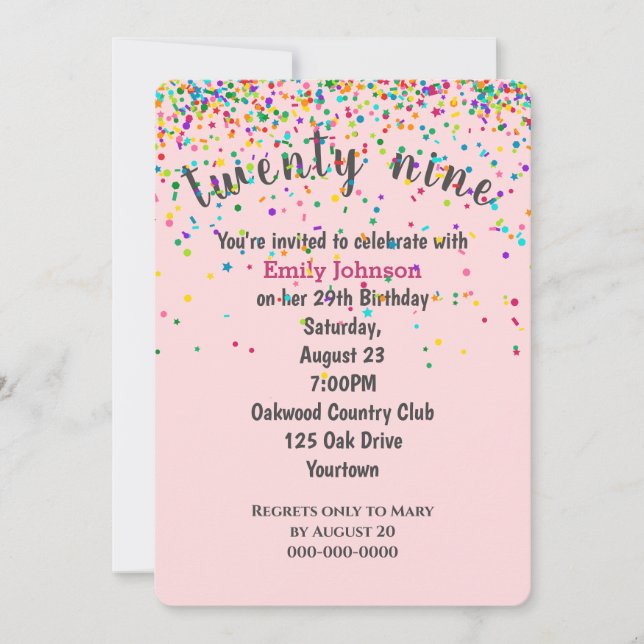 Invitation Confetti de fête du 29e anniversaire en rose (Devant)