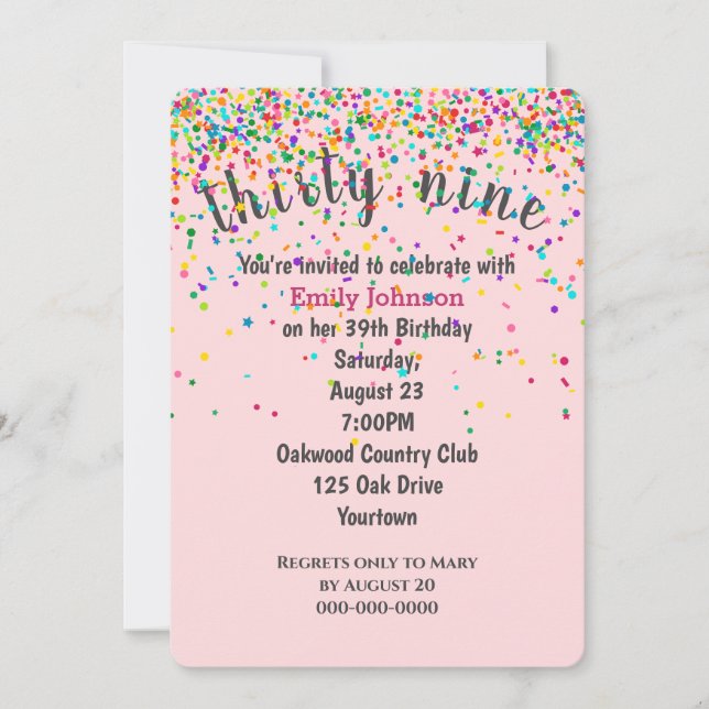 Invitation Confetti de fête du 39e anniversaire en rose (Devant)
