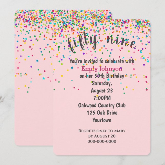 Invitation Confetti de fête du 59e anniversaire en rose (Devant / Derrière)
