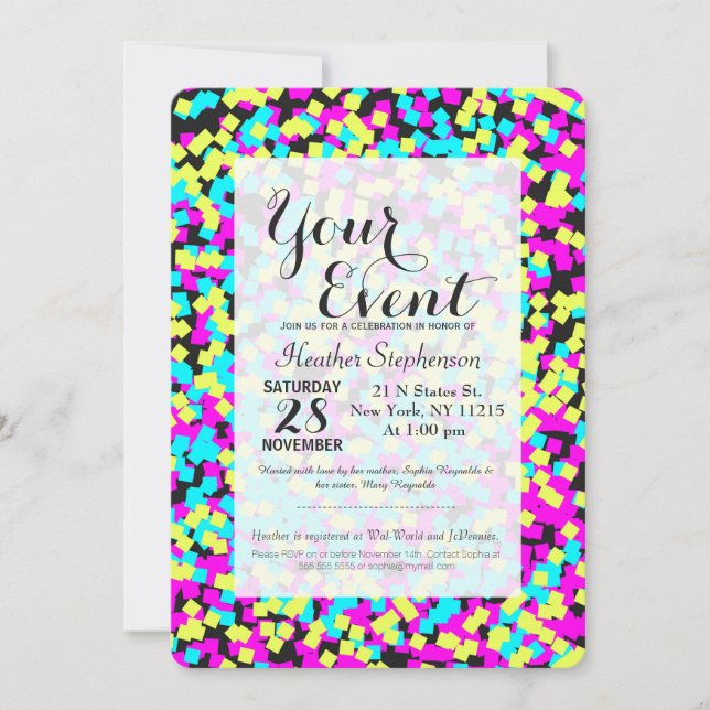 Invitation Confetti de jeu multicolore de Néon (Devant)