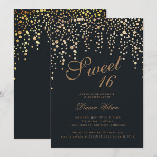 Invitation confetti de parties scintillant d'or sur sweet six