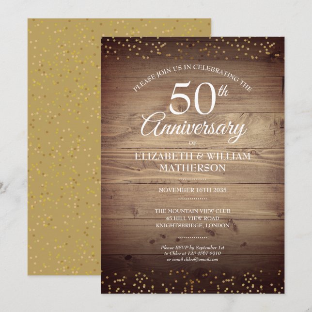 Invitation Confetti de poussière d'or pour le 50e anniversair (Devant / Derrière)
