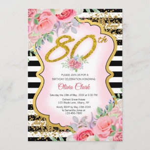 Invitation Confetti d'or à la florale rose 90e anniversaire