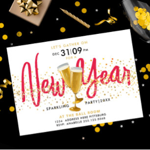 Invitation Confetti d'or au Champagne flamboyant du Nouvel An