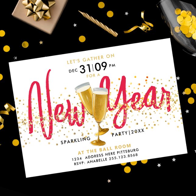 Invitation Confetti d'or au Champagne flamboyant du Nouvel An (Créateur téléchargé)