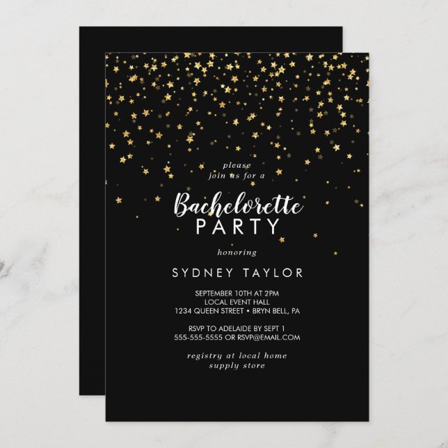 Invitation Confetti d'or | Black Bachelorette Party (Devant / Derrière)