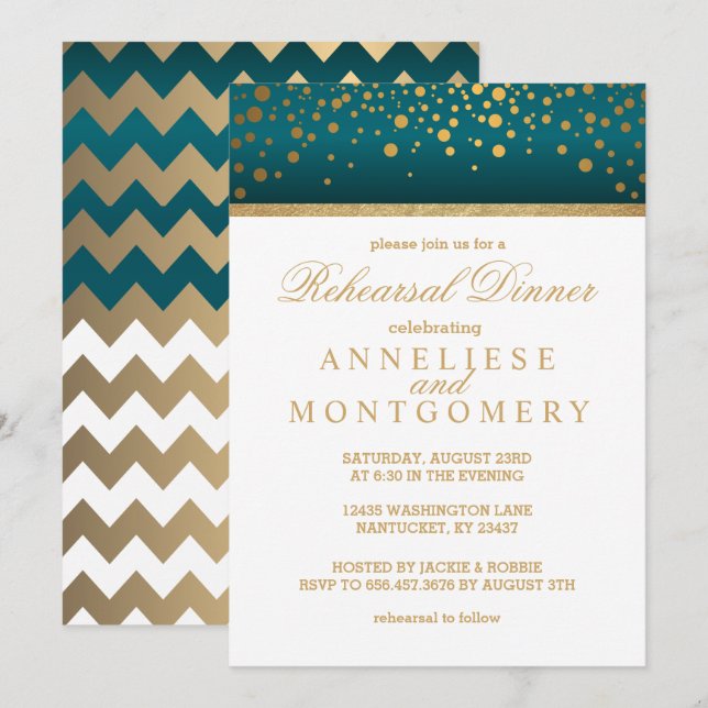Invitation Confetti d'or blanc et Turquoise - Dîner de répéti (Devant / Derrière)