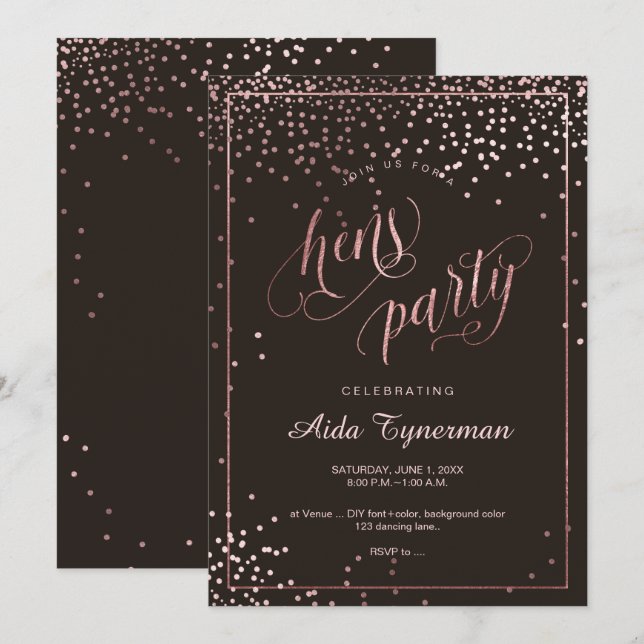 Invitation Confetti d'or du PixDezines Hens Party Faux Rose (Devant / Derrière)