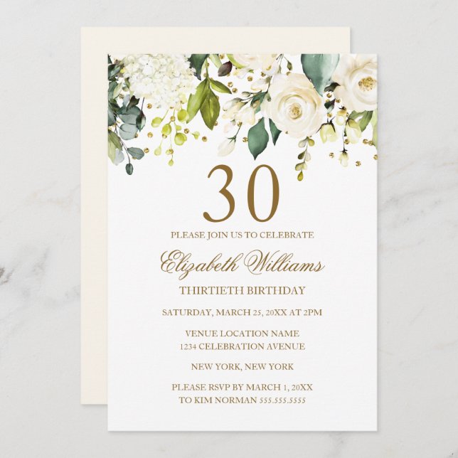 Invitation Confetti d'or floral blanc 30e anniversaire (Devant / Derrière)