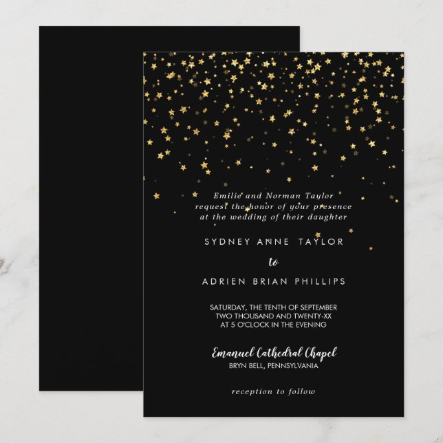 Invitation Confetti d'or | Mariage traditionnel noir (Devant / Derrière)