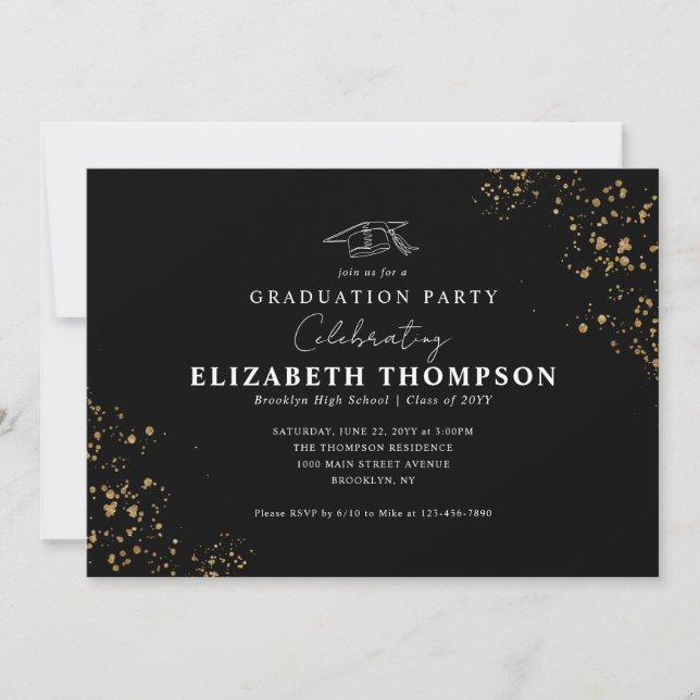 Invitation Confetti d'or noir moderne Grad Grad Grad Party (Devant)