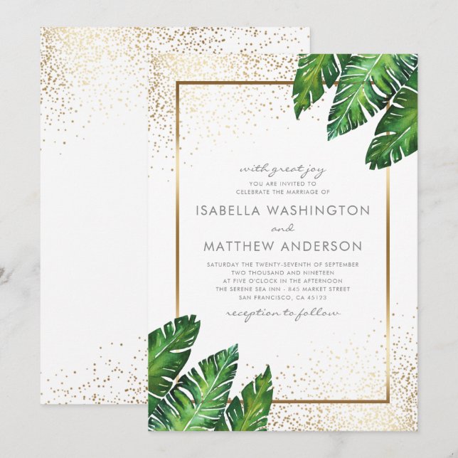 Invitation Confetti d'or & Palm Feuille Mariage (Devant / Derrière)