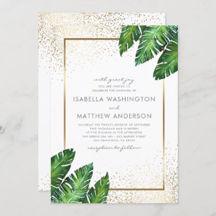 Invitation Confetti d'or & Palm Feuille Mariage