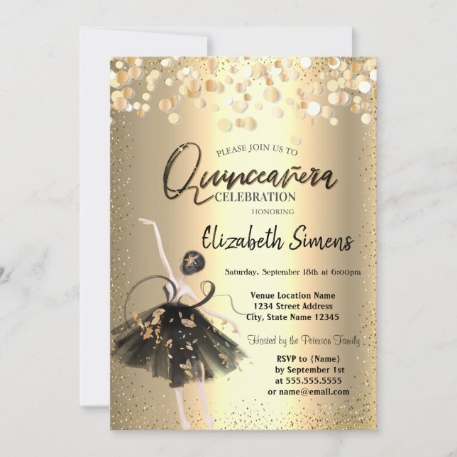 Invitation Confetti d'or, Robe noire Ballerina Quinceañera (Devant)