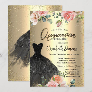 Invitation Confetti d'or, Robe noire Rose Quinceañera