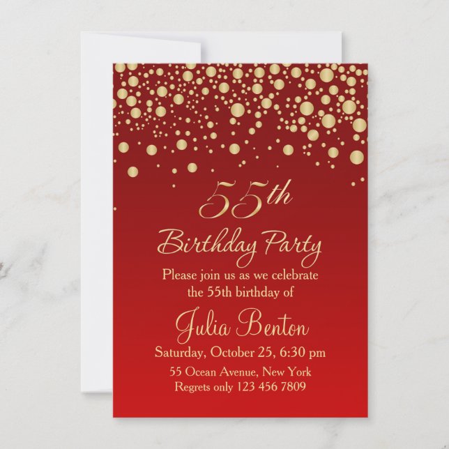 Invitation Confetti d'or sur rouge 55e anniversaire Invitatio (Devant)