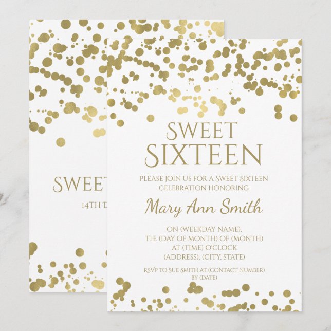 Invitation Confetti d'or Sweet sixteen moderne (Devant / Derrière)