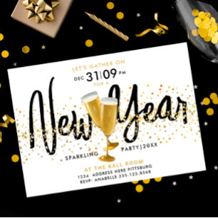 Invitation Confetti doré de Nouvel An moderne et élégant