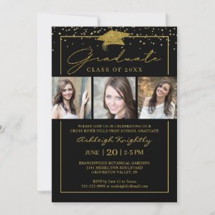Invitation Confetti doré Script Black Gold Confetti 3 Photos 