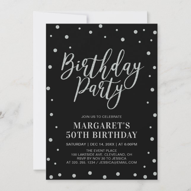 Invitation Confetti en argent et noir | Fête d'anniversaire a (Devant)