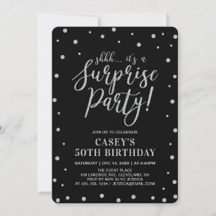 Invitation Confetti en argent et noir   Surprise fête d'anniv