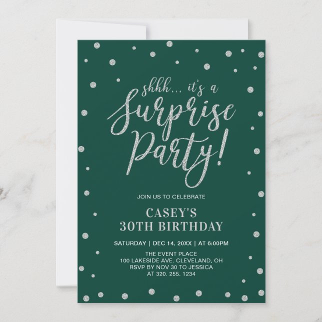 Invitation Confetti en argent et vert | Surprise fête d'anniv (Devant)