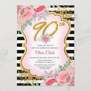 Invitation Confetti en or noir et blanc Floral 90e anniversai