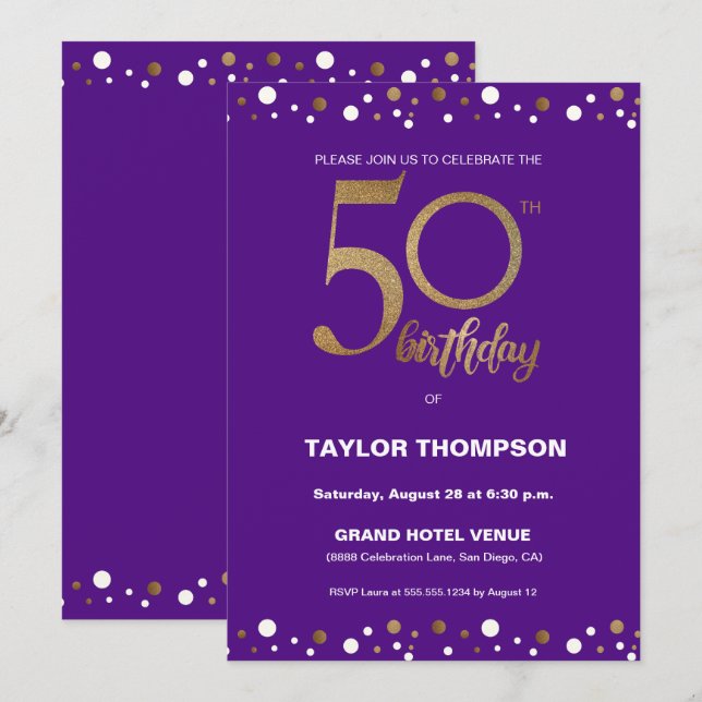 Invitation Confetti en or violet personnalisé 50e anniversair (Devant / Derrière)